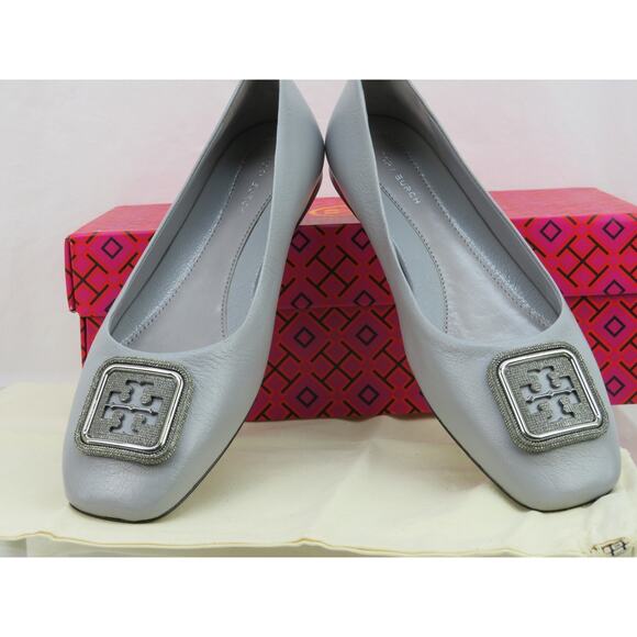 NIB TORY BURCH GEORGIA BAY GRAY GOAT LEATHER LOGO GRYSTALS REVA FLATS 8.5